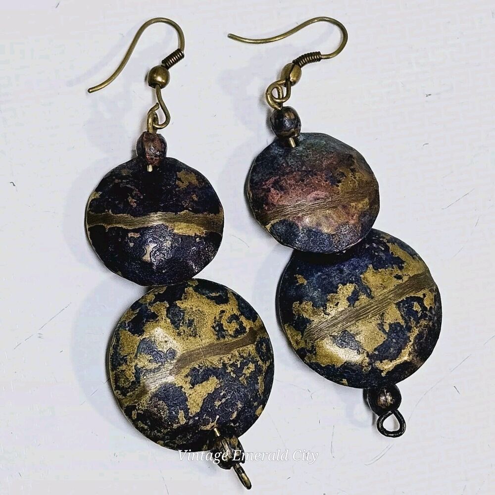 Vtg Artisan Hammered Earrings Spheres Discs Blue & Gold Shimmer Bohemian Dangle